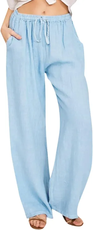 High Waisted Linen Pants Women Wide Leg Work Pants with Pockets Summer Casual Baggy Elastic Waist Trouser Pants
