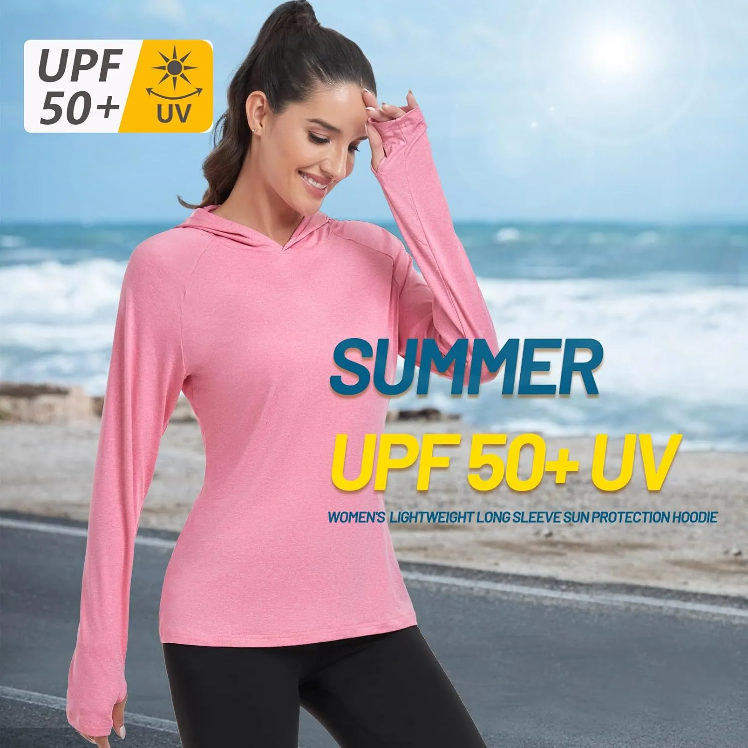 HISKYWIN Womens Long Sleeve Hoodie Shirts UPF 50  Sun Protection Lightweight Running Pullover Athletic Tops with Thumb Hole