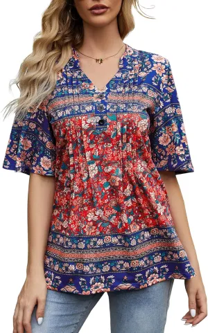 HOCOSIT Women's Floral Print Short Ruffle Sleeve Pleated Front V Neck Button Tunic Tops
