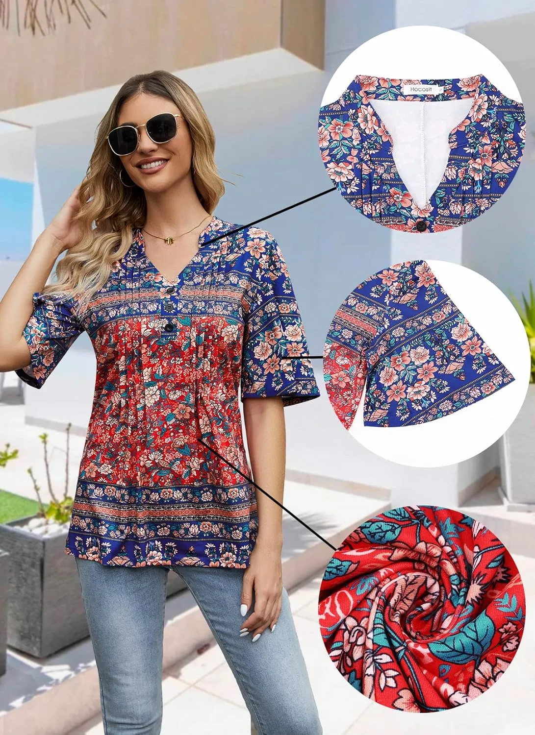 HOCOSIT Women's Floral Print Short Ruffle Sleeve Pleated Front V Neck Button Tunic Tops