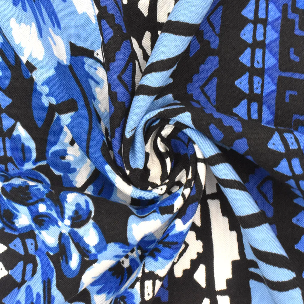 Holiday Blue-Multi Floral Aztec Striped Printed Rayon Challis Fabric