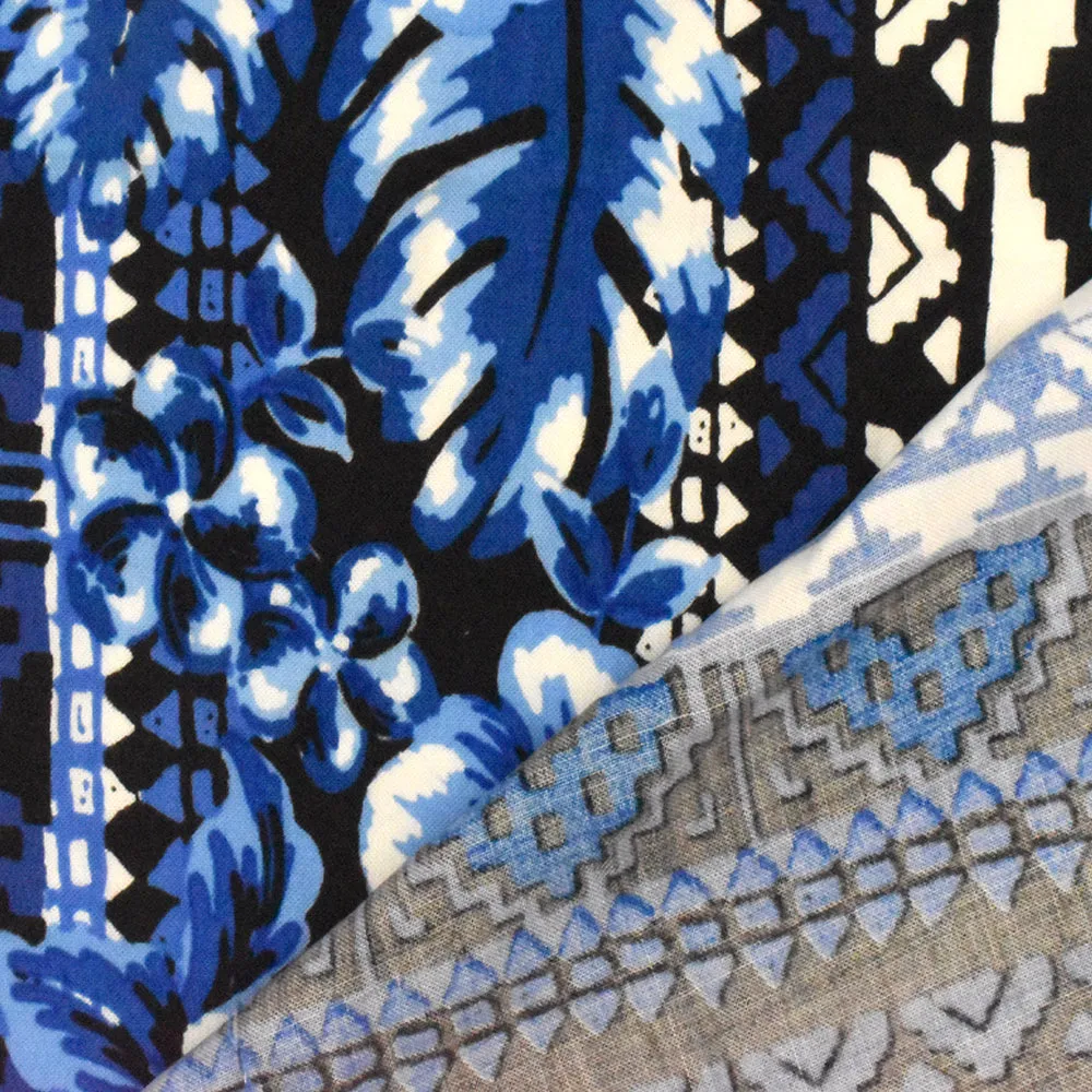 Holiday Blue-Multi Floral Aztec Striped Printed Rayon Challis Fabric