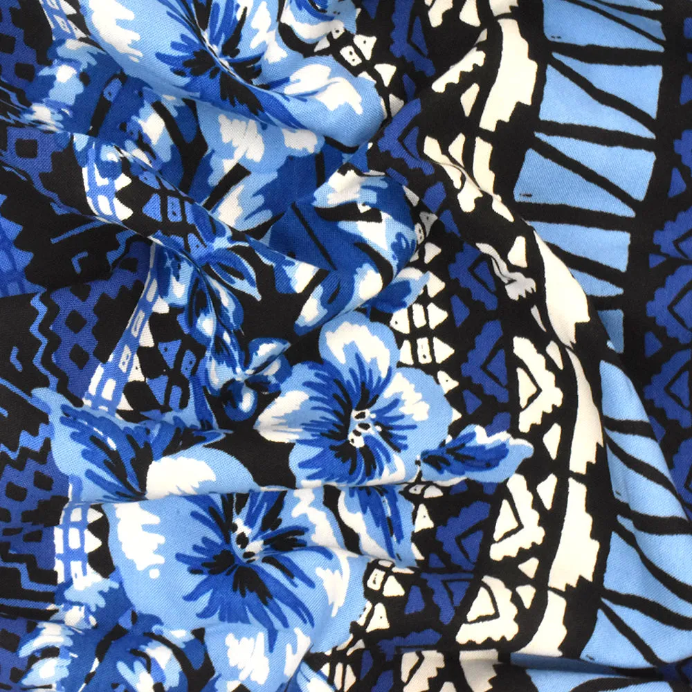 Holiday Blue-Multi Floral Aztec Striped Printed Rayon Challis Fabric
