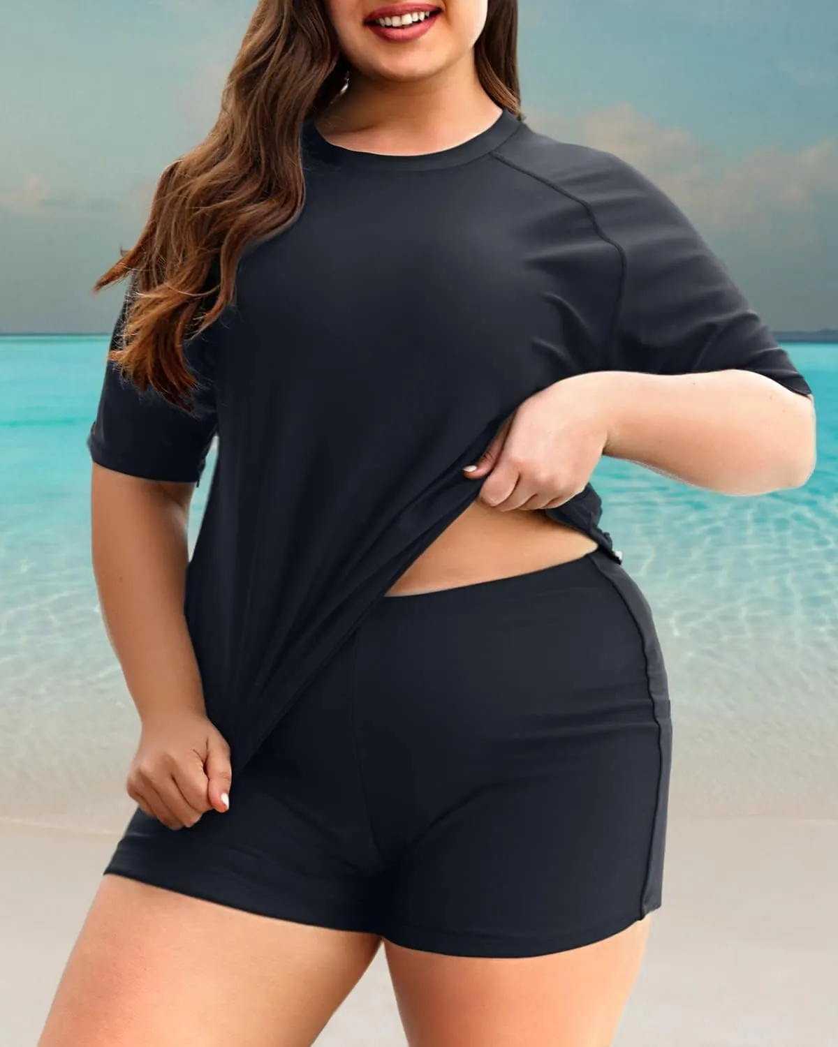 Holipick Two Piece Women Plus Size Rash Guard Short Sleeve Swim Shirts and Shorts UPF 50  Rashguard Swimsuit