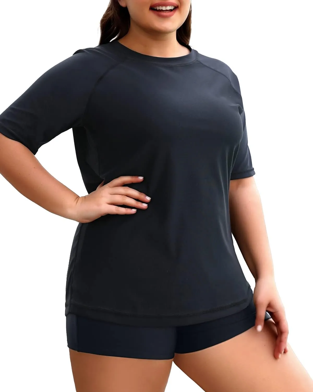 Holipick Two Piece Women Plus Size Rash Guard Short Sleeve Swim Shirts and Shorts UPF 50  Rashguard Swimsuit
