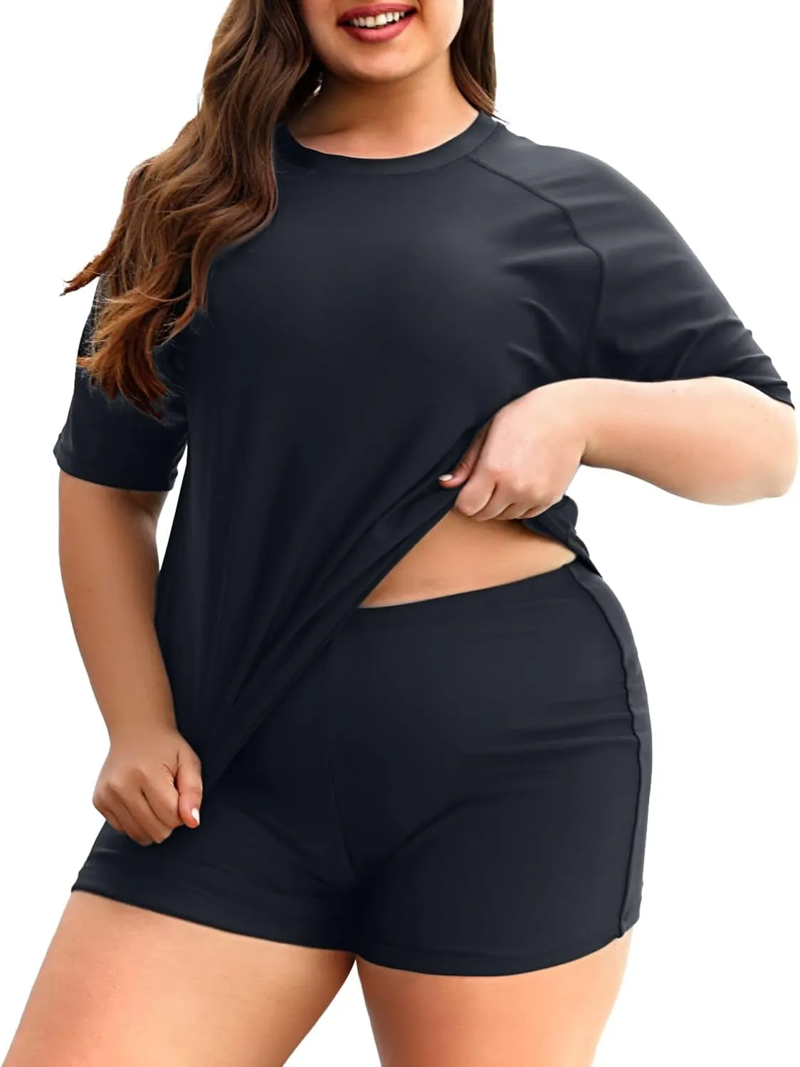 Holipick Two Piece Women Plus Size Rash Guard Short Sleeve Swim Shirts and Shorts UPF 50  Rashguard Swimsuit