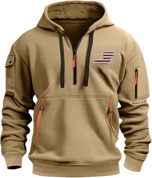Hoodies for Men Quarter-Zip Pullover Tactical Sweatshirt USA Flag Print Vintage Casual Fashion Hoodie With Pockets