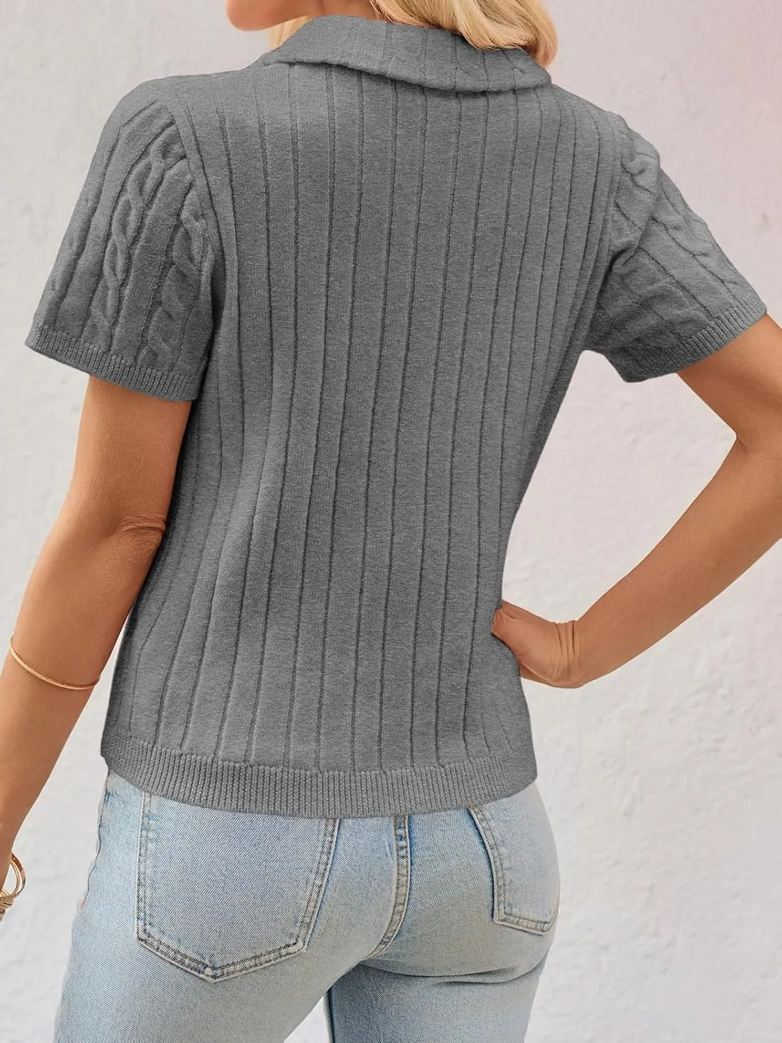 Imily Bela Womens Short Sleeve Sweater Business Casual Polo V Neck Shirts Lightweight Cable Knit Pullover Summer Tops