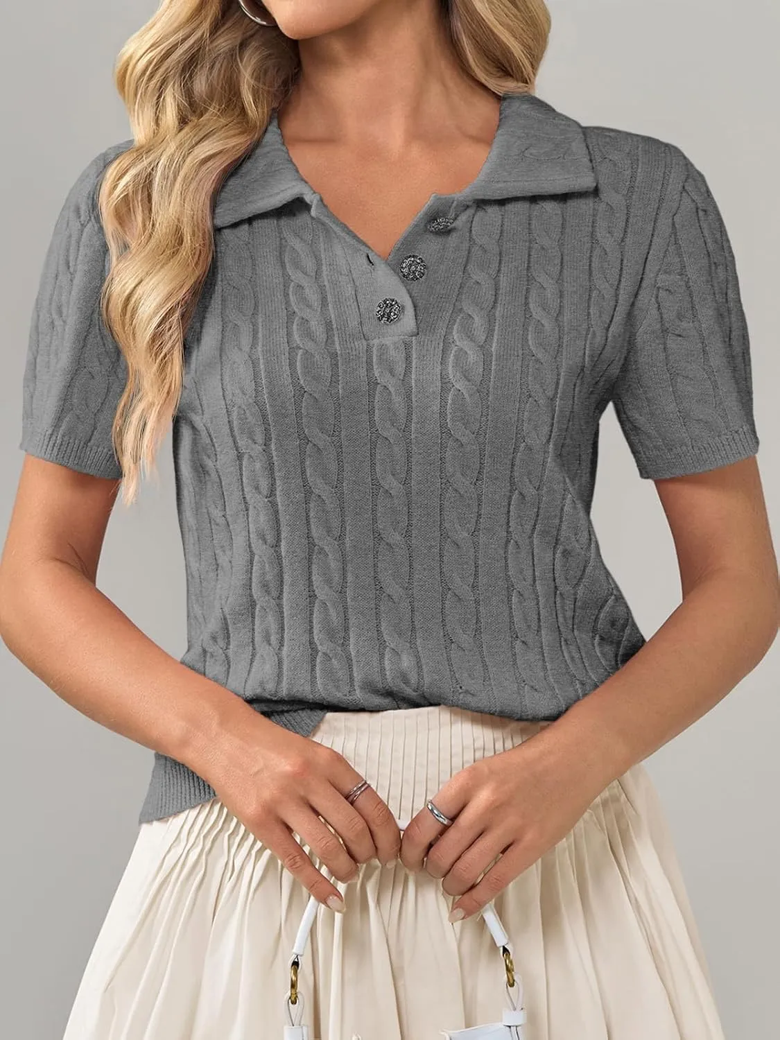 Imily Bela Womens Short Sleeve Sweater Business Casual Polo V Neck Shirts Lightweight Cable Knit Pullover Summer Tops