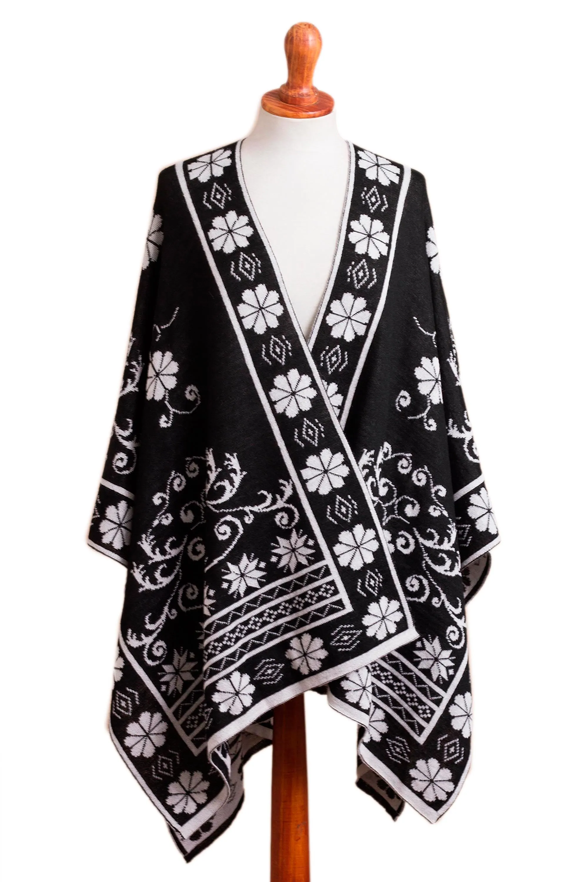 Inca Garden in Black Reversible Alpaca Blend Ruana in Black and White from Peru