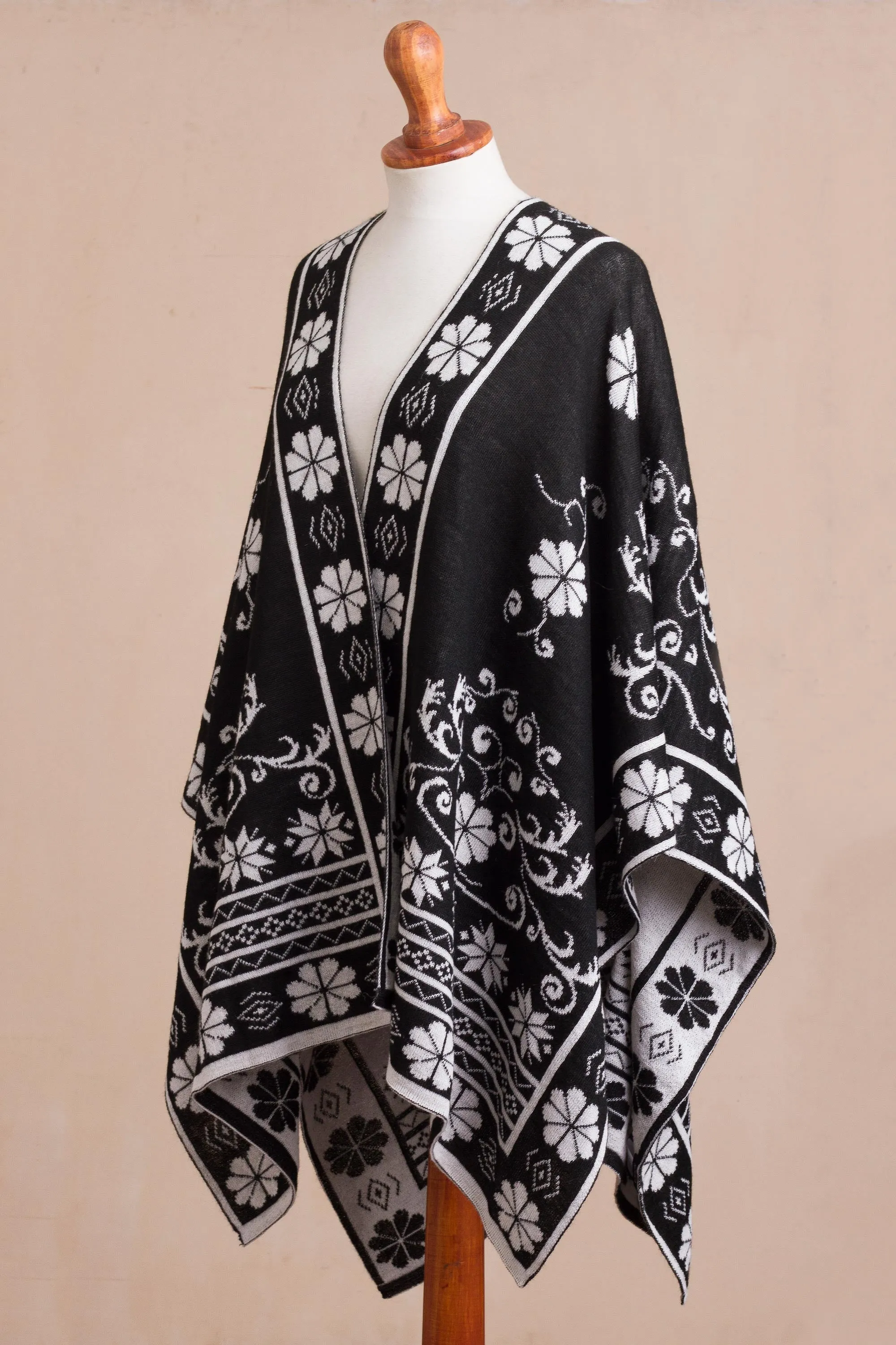 Inca Garden in Black Reversible Alpaca Blend Ruana in Black and White from Peru