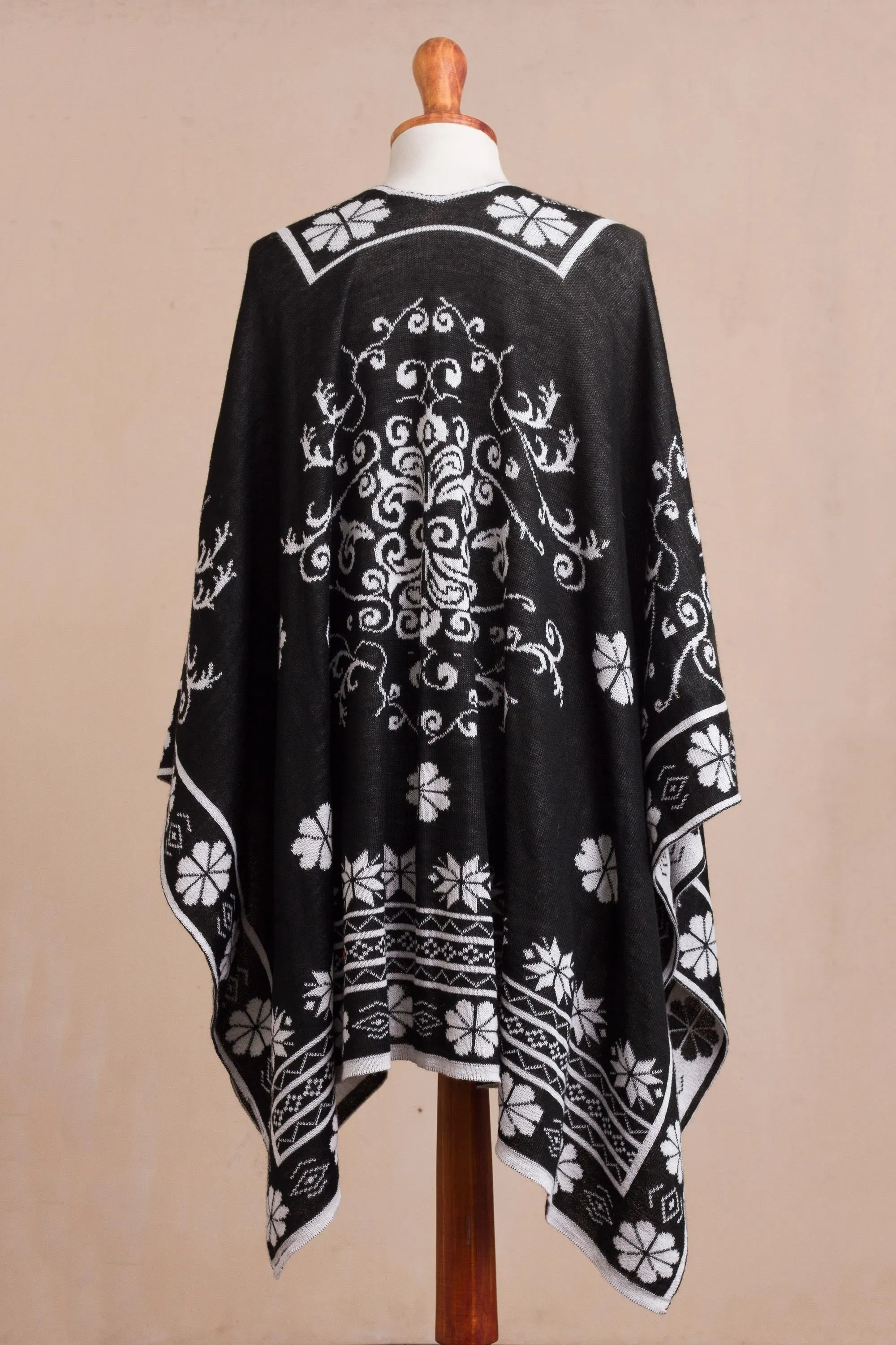 Inca Garden in Black Reversible Alpaca Blend Ruana in Black and White from Peru