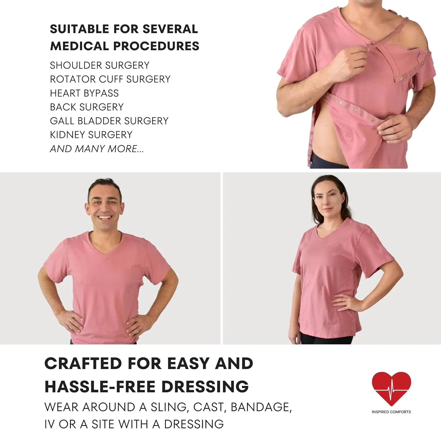 Inspired Comforts Unisex Post Surgery & Rehab V Neck Dual Access Snap Shirt