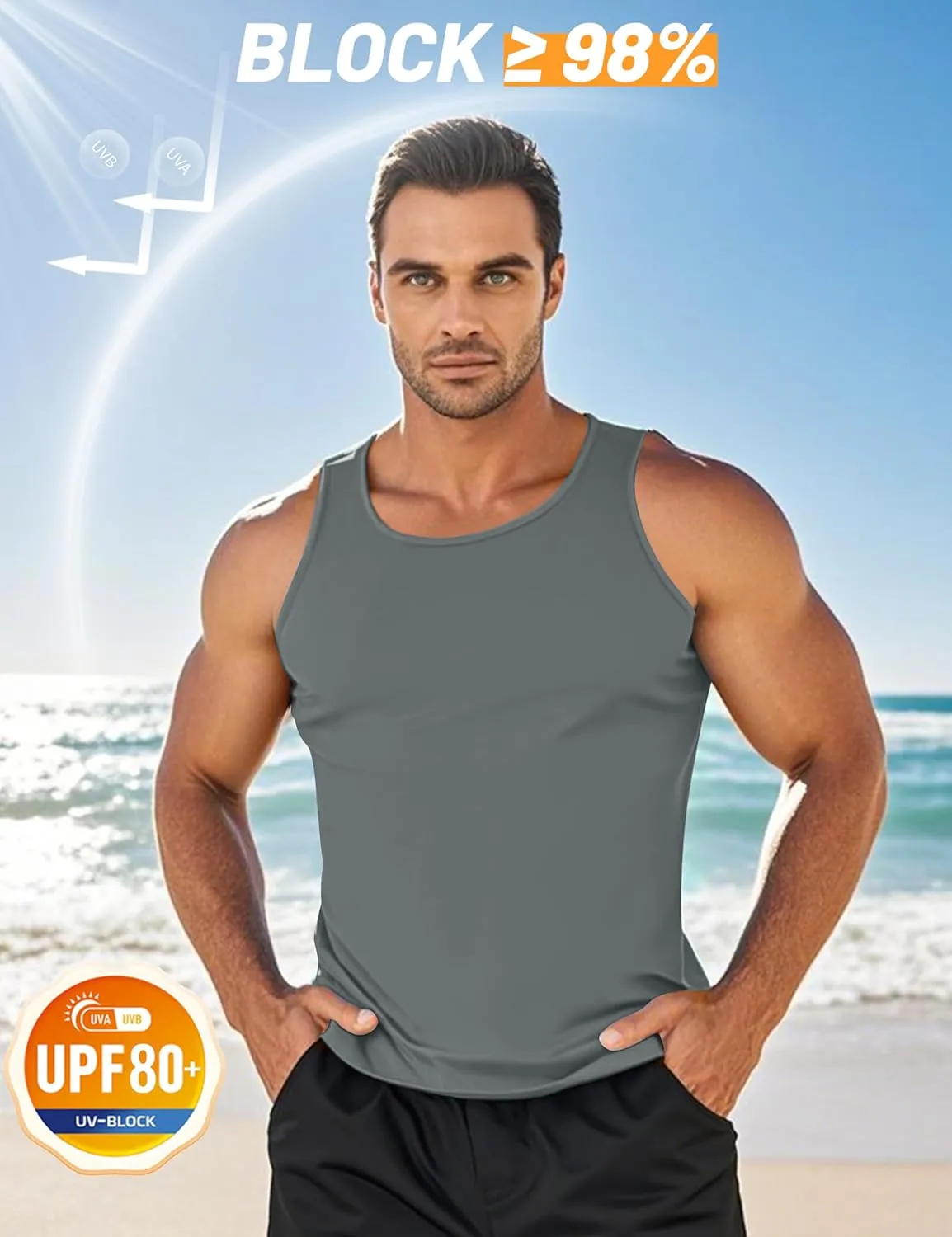 KEFITEVD Men's UPF 50  Tank Top Sleeveless Workout Swim Shirts Quick Dry Muscle Shirt for Bodybuilding Gym Beach
