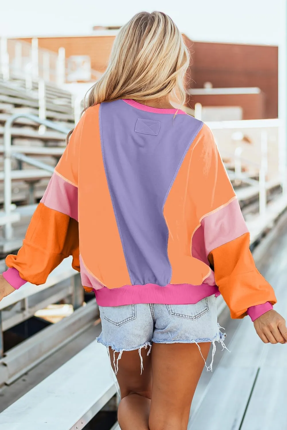 KevaMolly Womens Long Sleeve Tops Colorblock Patchwork Exposed Stitching Oversize Top Round Neck Casual Pullover