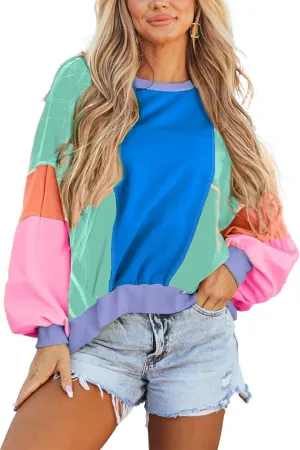 KevaMolly Womens Long Sleeve Tops Colorblock Patchwork Exposed Stitching Oversize Top Round Neck Casual Pullover