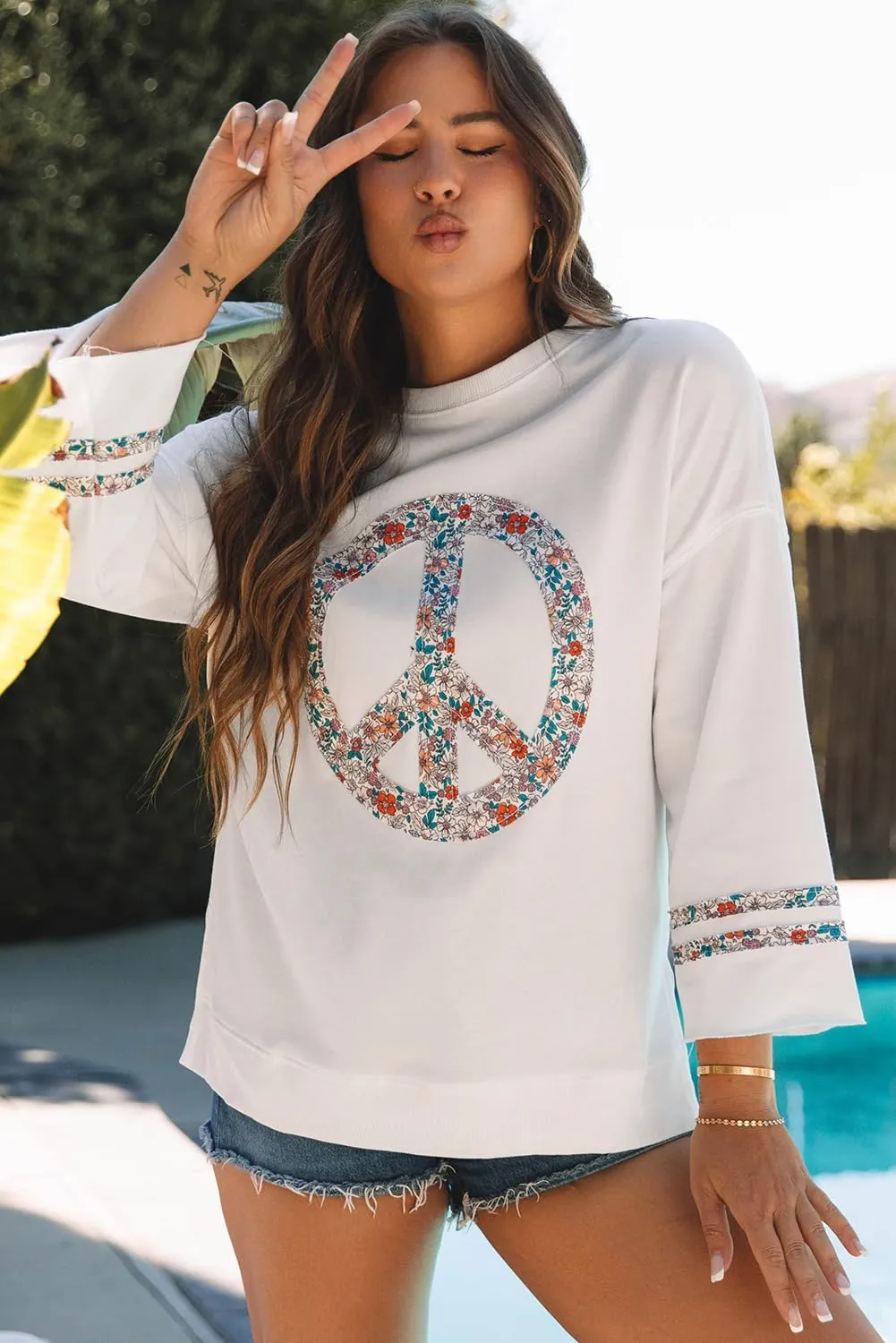 KevaMolly Womens Long Sleeve Tops Floral Peace Symbol Drop Shoulder Sweatshirt Crewneck Casual Pullover Top