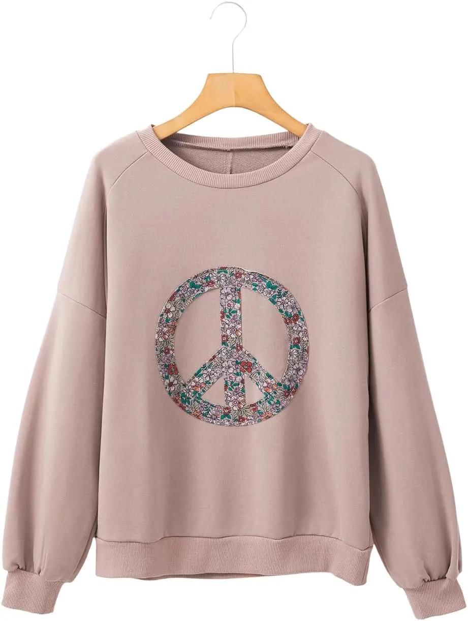KevaMolly Womens Long Sleeve Tops Floral Peace Symbol Drop Shoulder Sweatshirt Crewneck Casual Pullover Top