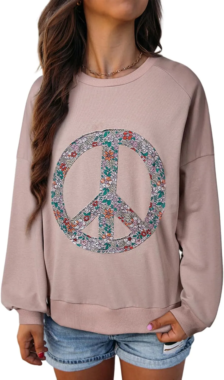 KevaMolly Womens Long Sleeve Tops Floral Peace Symbol Drop Shoulder Sweatshirt Crewneck Casual Pullover Top
