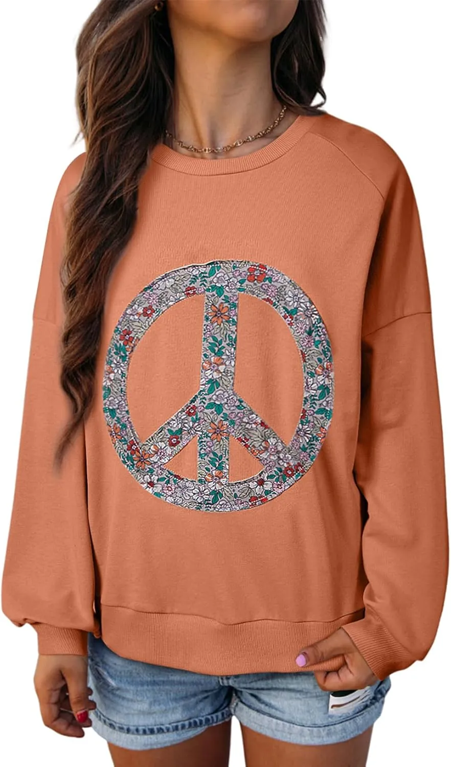 KevaMolly Womens Long Sleeve Tops Floral Peace Symbol Drop Shoulder Sweatshirt Crewneck Casual Pullover Top