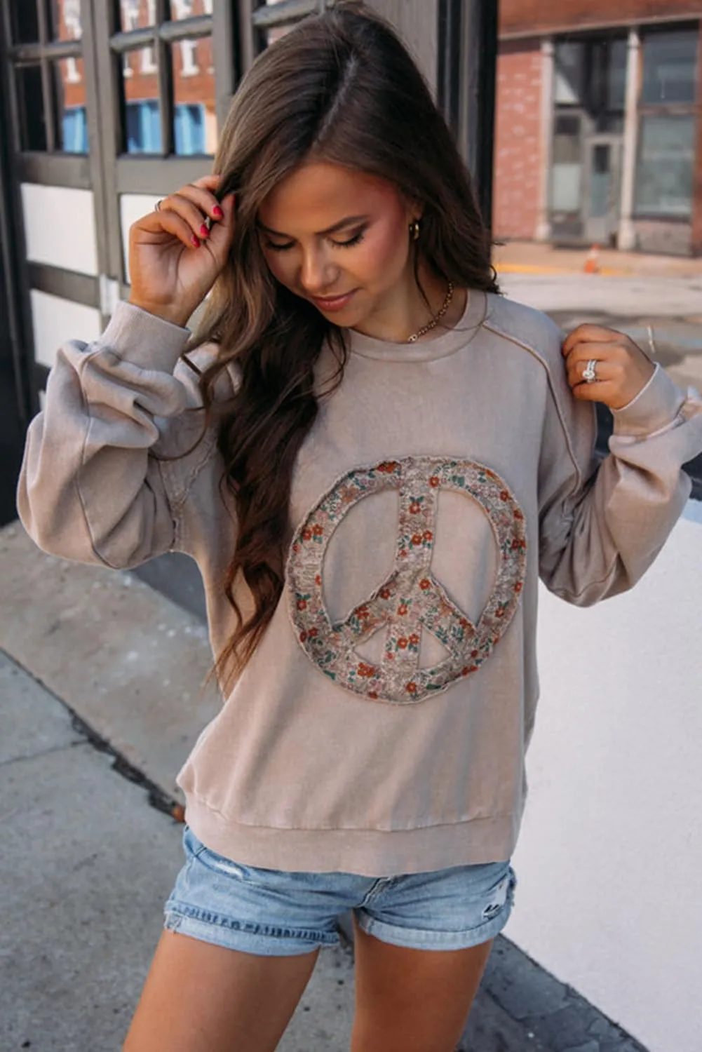 KevaMolly Womens Long Sleeve Tops Floral Peace Symbol Drop Shoulder Sweatshirt Crewneck Casual Pullover Top