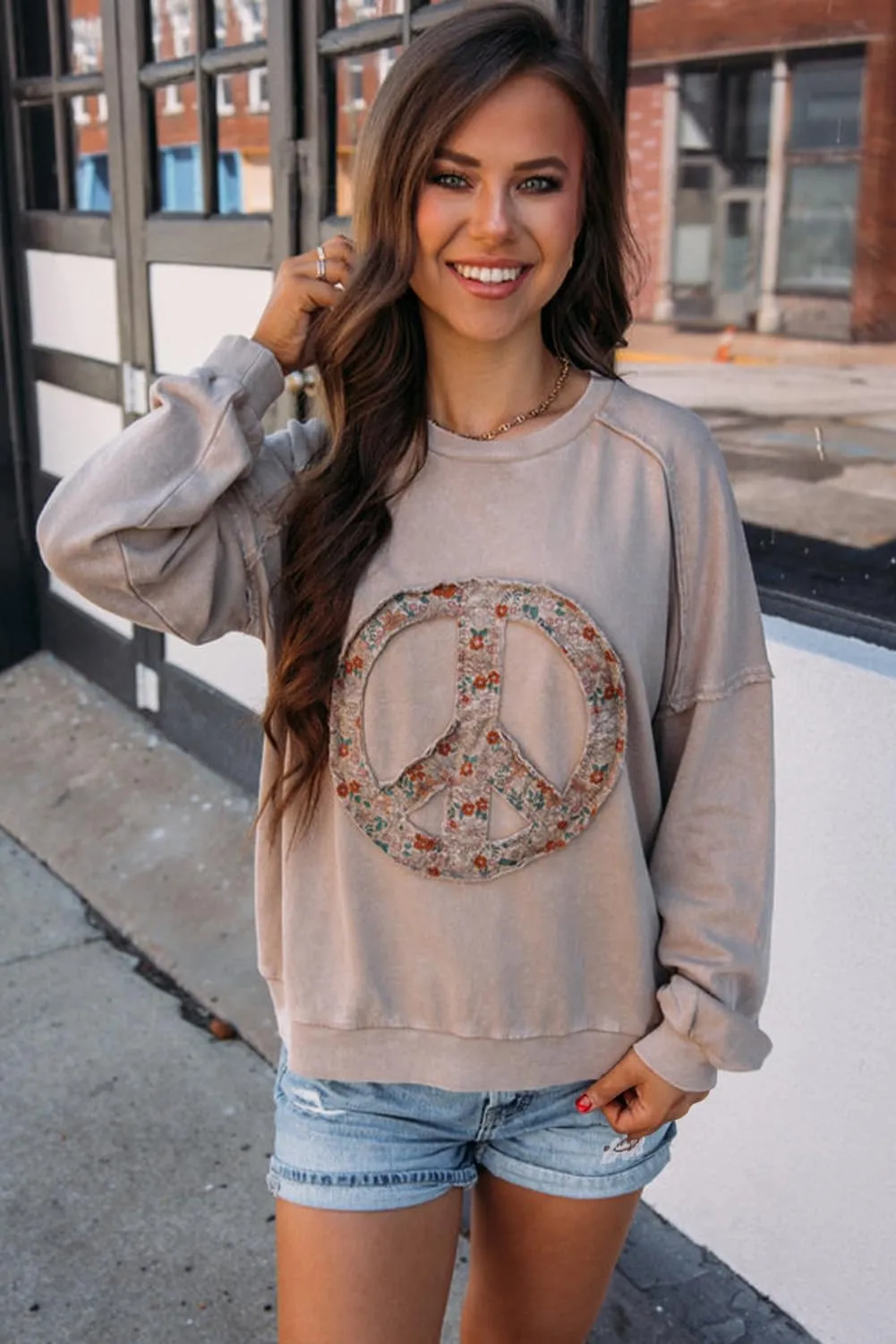 KevaMolly Womens Long Sleeve Tops Floral Peace Symbol Drop Shoulder Sweatshirt Crewneck Casual Pullover Top
