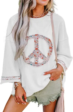 KevaMolly Womens Long Sleeve Tops Floral Peace Symbol Drop Shoulder Sweatshirt Crewneck Casual Pullover Top