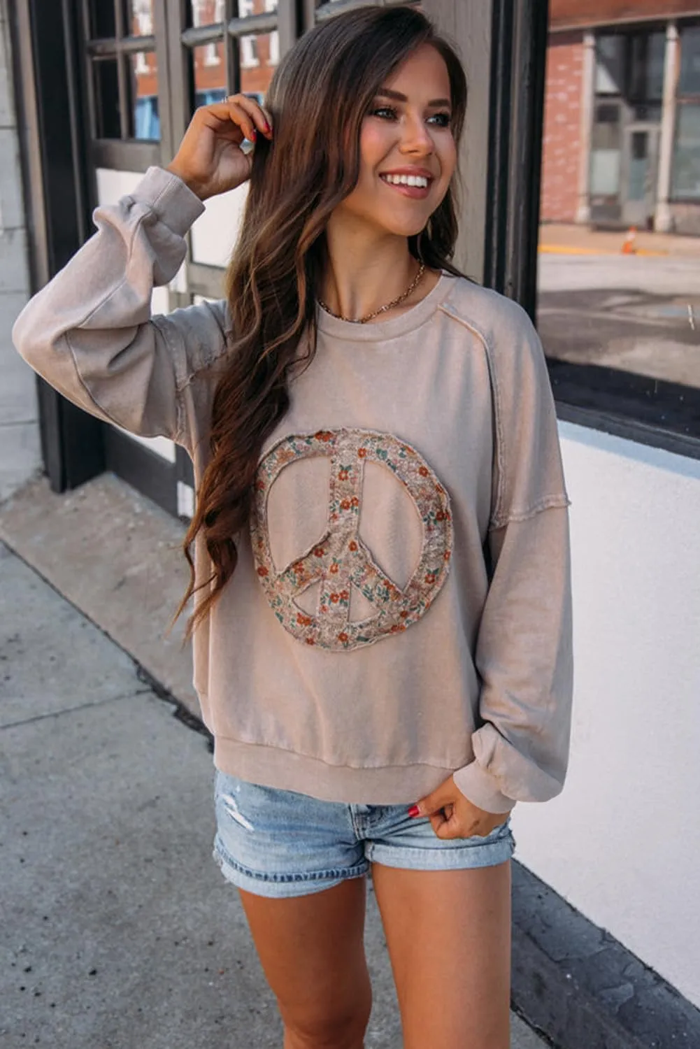 KevaMolly Womens Long Sleeve Tops Floral Peace Symbol Drop Shoulder Sweatshirt Crewneck Casual Pullover Top