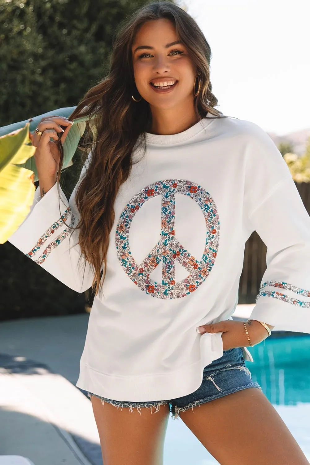 KevaMolly Womens Long Sleeve Tops Floral Peace Symbol Drop Shoulder Sweatshirt Crewneck Casual Pullover Top