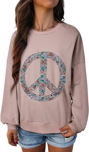 KevaMolly Womens Long Sleeve Tops Floral Peace Symbol Drop Shoulder Sweatshirt Crewneck Casual Pullover Top
