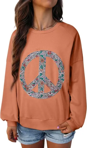 KevaMolly Womens Long Sleeve Tops Floral Peace Symbol Drop Shoulder Sweatshirt Crewneck Casual Pullover Top