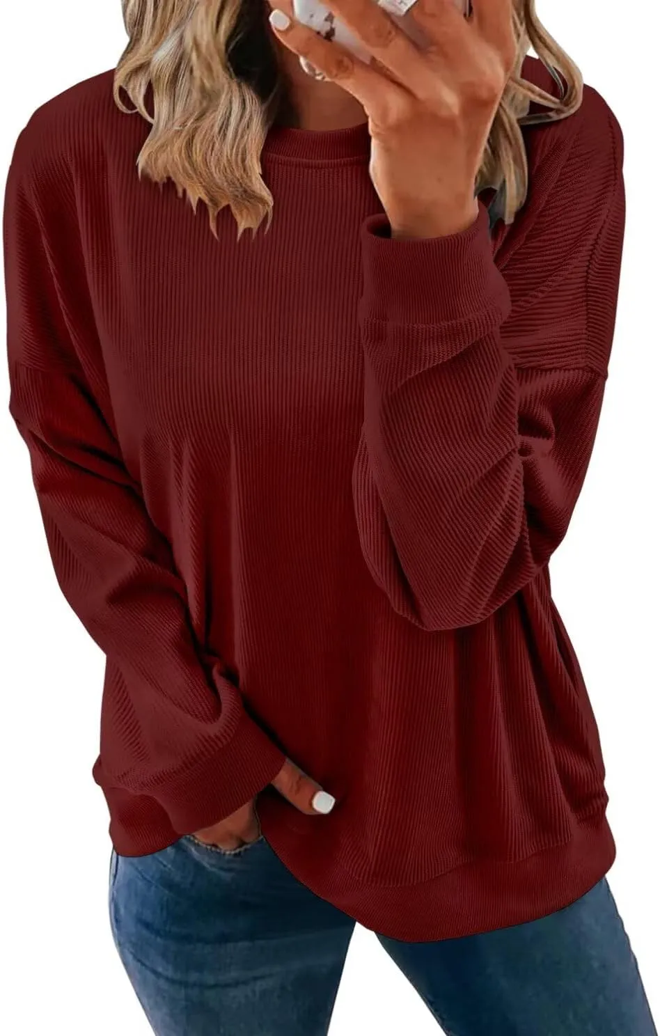 KISSMODA Women's Casual Long Sleeve Sweatshirt Color Block/Solid Crewneck Corduroy Pullover Cute Tops