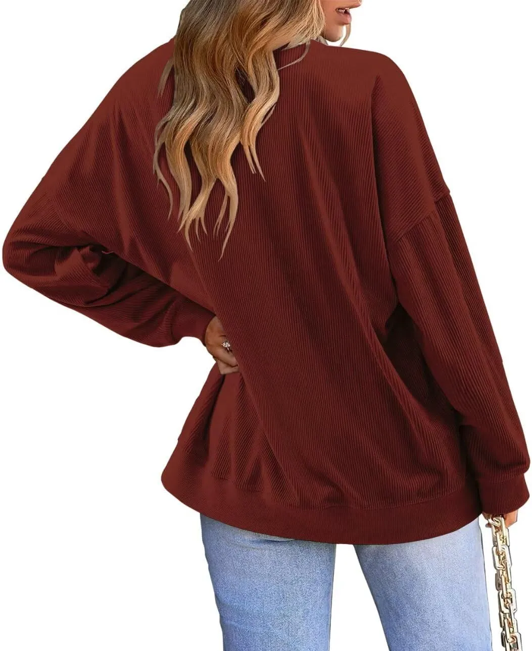 KISSMODA Women's Casual Long Sleeve Sweatshirt Color Block/Solid Crewneck Corduroy Pullover Cute Tops