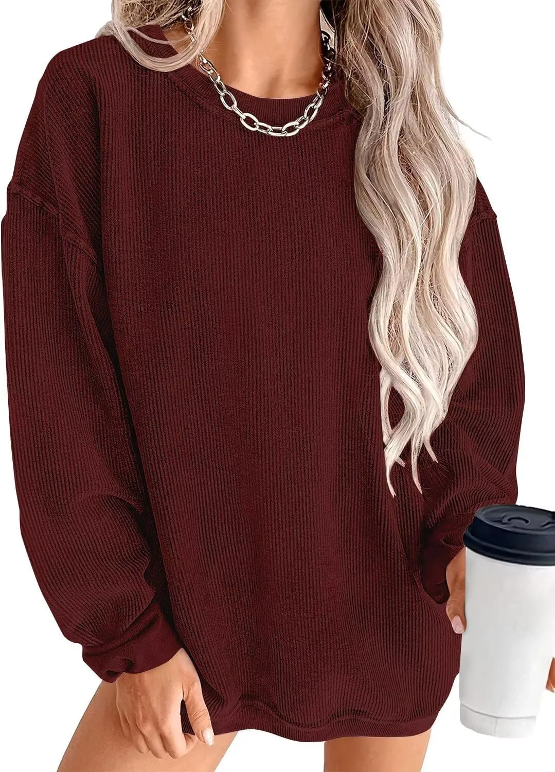 KISSMODA Women's Casual Long Sleeve Sweatshirt Color Block/Solid Crewneck Corduroy Pullover Cute Tops