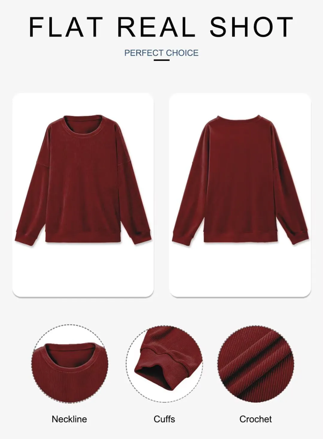 KISSMODA Women's Casual Long Sleeve Sweatshirt Color Block/Solid Crewneck Corduroy Pullover Cute Tops