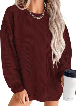 KISSMODA Women's Casual Long Sleeve Sweatshirt Color Block/Solid Crewneck Corduroy Pullover Cute Tops