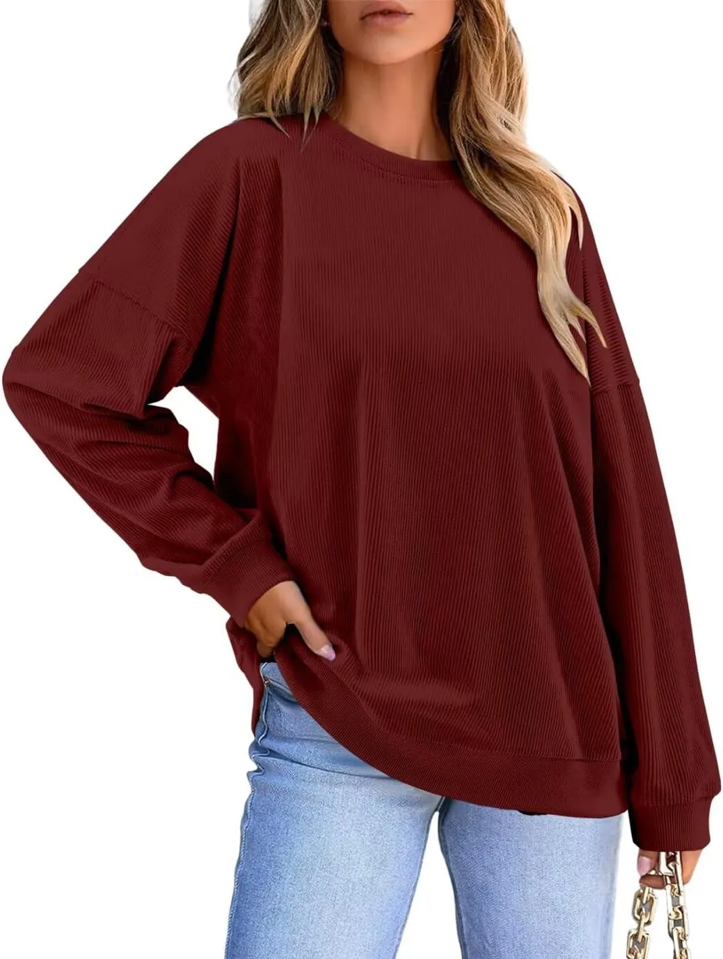 KISSMODA Women's Casual Long Sleeve Sweatshirt Color Block/Solid Crewneck Corduroy Pullover Cute Tops