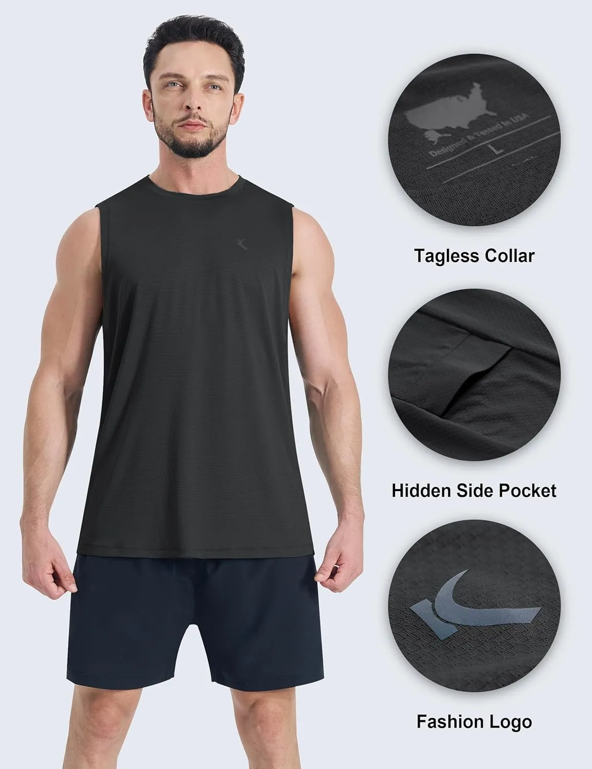 KPSUN Men's Quick Dry Workout Tank Tops Sleeveless Gym Muscle Shirts Fitness Running Athletic Swim Shirt with Side Pocket