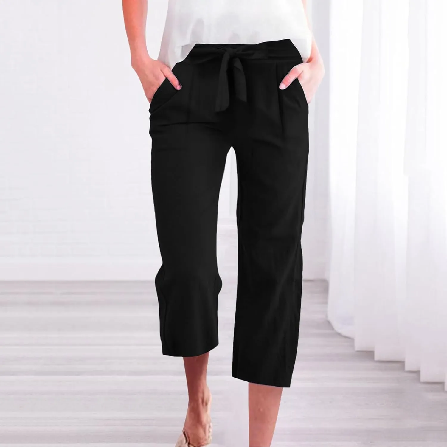 Kubbon Womens Capri Pants Cotton Linen Summer Straight Leg Pants Tie Knot High Waist Pant Cropped Trousers with Pockets