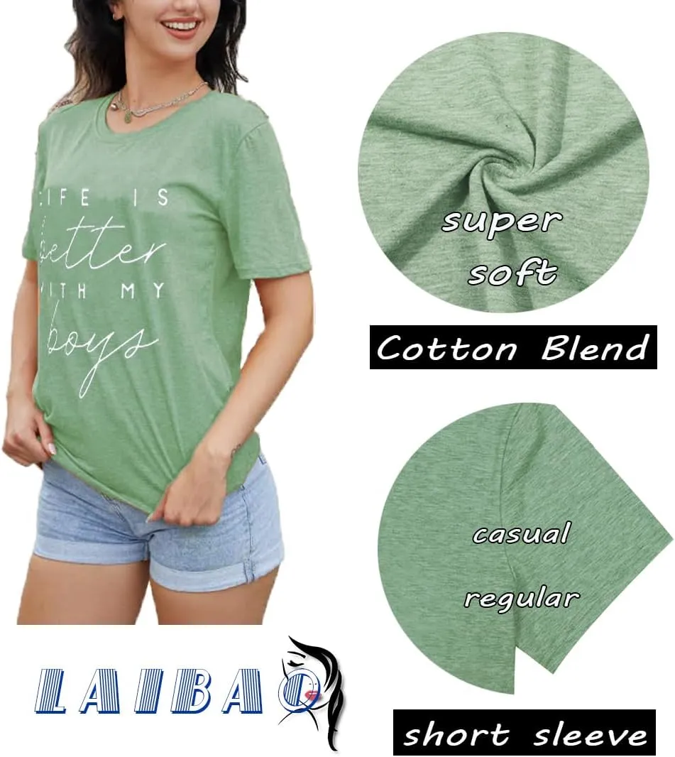 Life is Better with My Boys Women Funny Mom Gift Shirts Graphic Summer Short Athletic Casual Workout Tops