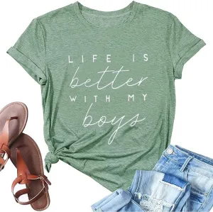 Life is Better with My Boys Women Funny Mom Gift Shirts Graphic Summer Short Athletic Casual Workout Tops