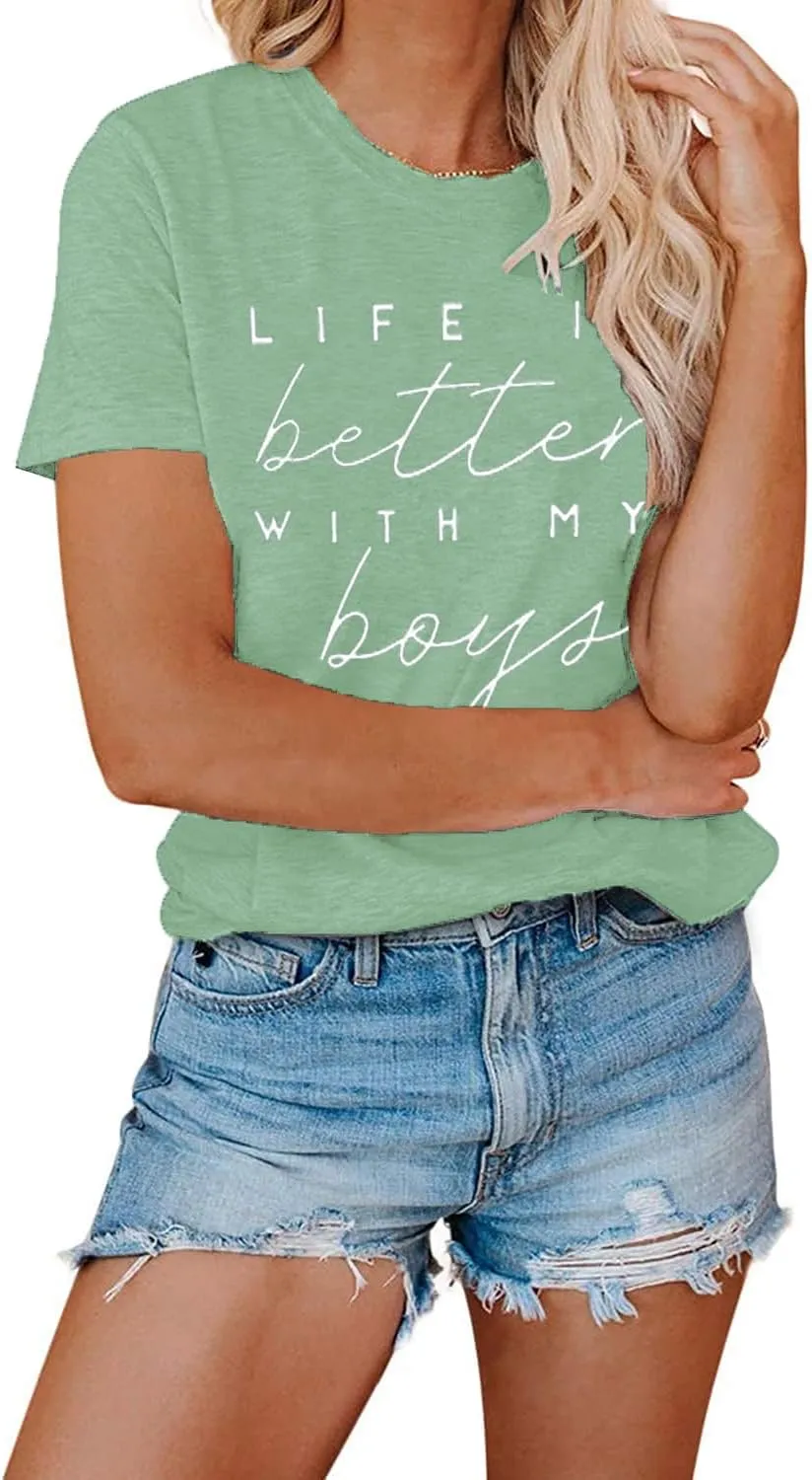 Life is Better with My Boys Women Funny Mom Gift Shirts Graphic Summer Short Athletic Casual Workout Tops
