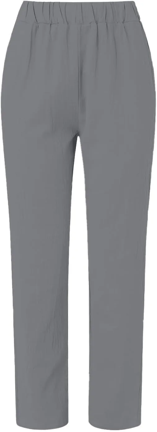 Linen 2024 Summer Pants Women Elastic Waisted Casual Vintage Copped Pants Straight Leg Lightweight Beach Pants