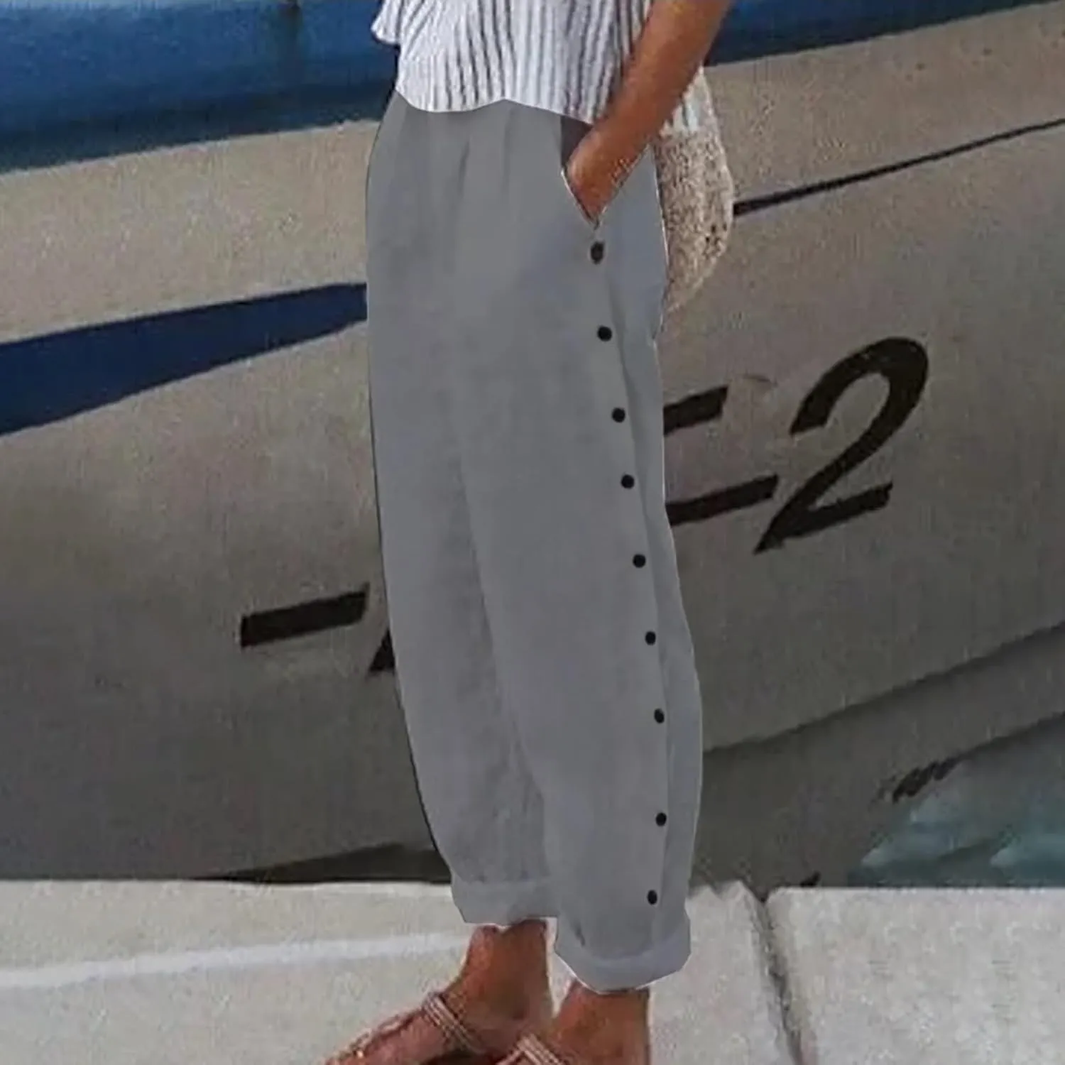 Linen 2024 Summer Pants Women Elastic Waisted Casual Vintage Copped Pants Straight Leg Lightweight Beach Pants