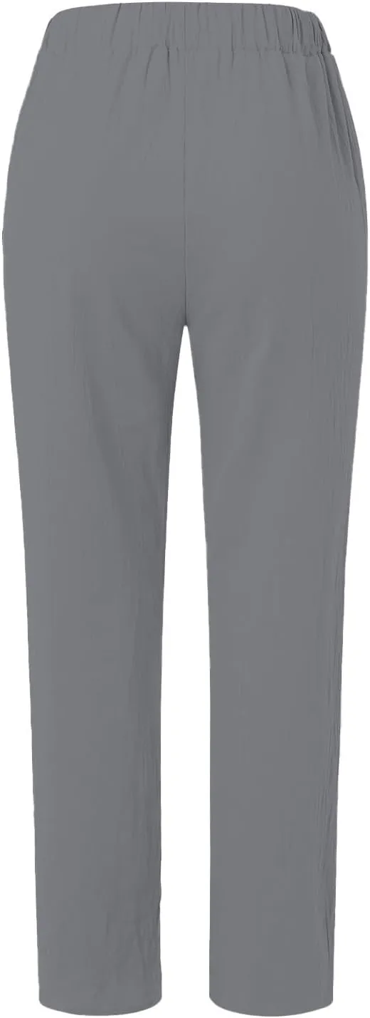 Linen 2024 Summer Pants Women Elastic Waisted Casual Vintage Copped Pants Straight Leg Lightweight Beach Pants