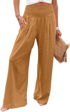 Linen Beach Pants Women Summer High Waist Palazzo Pants Smocked Wide Leg Pant Flowy Trousers with Pockets