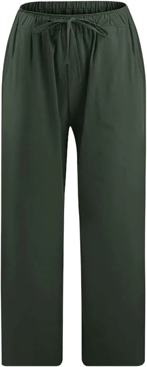 Linen Capri Pants for Women 2025 Casual Summer Pants Drawstring Elastic High Waist Capris Wide Leg Cropped Trousers