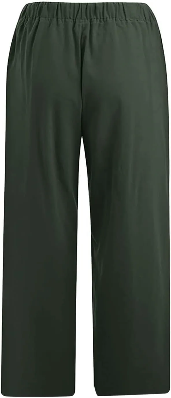 Linen Capri Pants for Women 2025 Casual Summer Pants Drawstring Elastic High Waist Capris Wide Leg Cropped Trousers