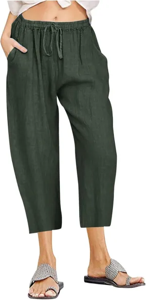 Linen Capri Pants for Women 2025 Casual Summer Pants Drawstring Elastic High Waist Capris Wide Leg Cropped Trousers