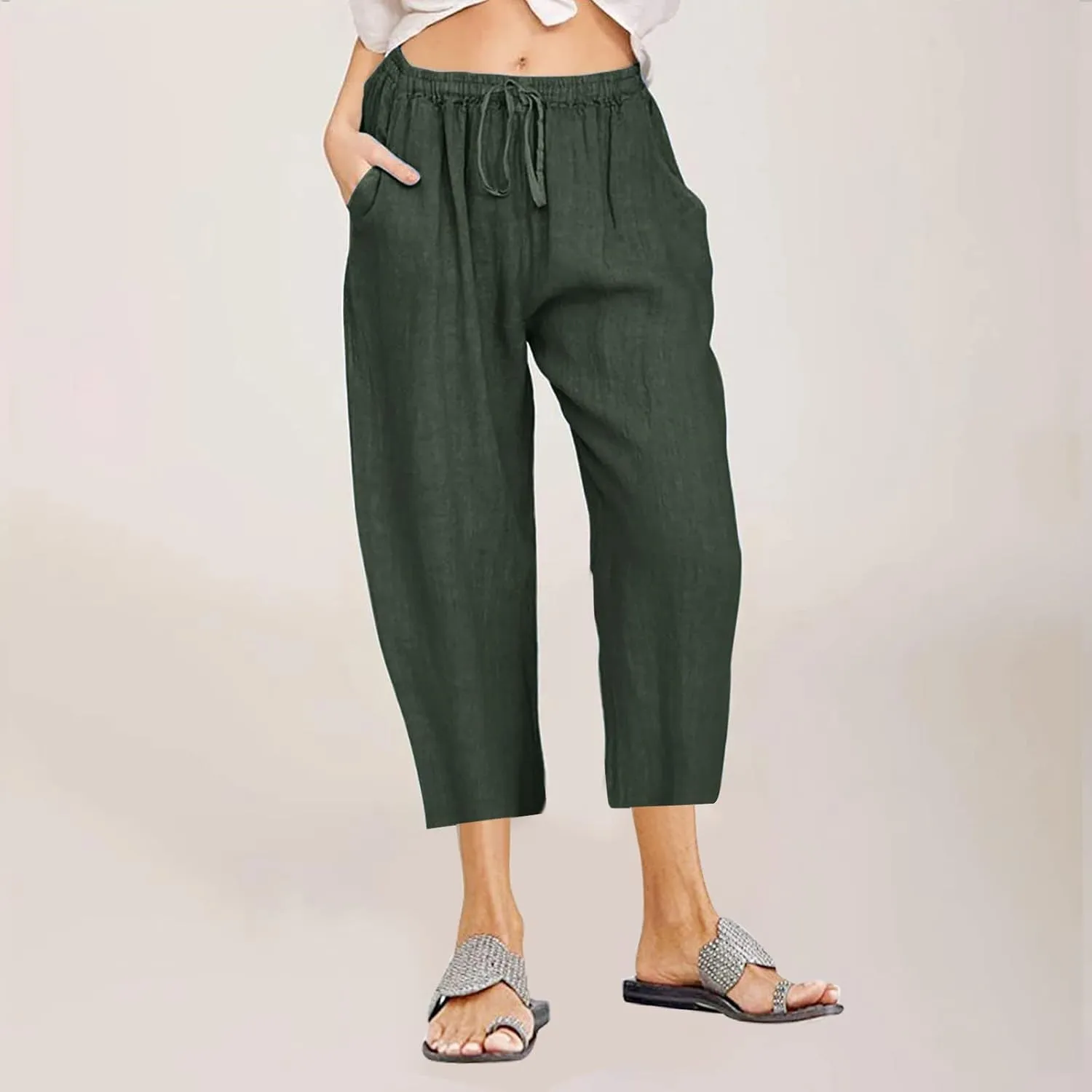 Linen Capri Pants for Women 2025 Casual Summer Pants Drawstring Elastic High Waist Capris Wide Leg Cropped Trousers